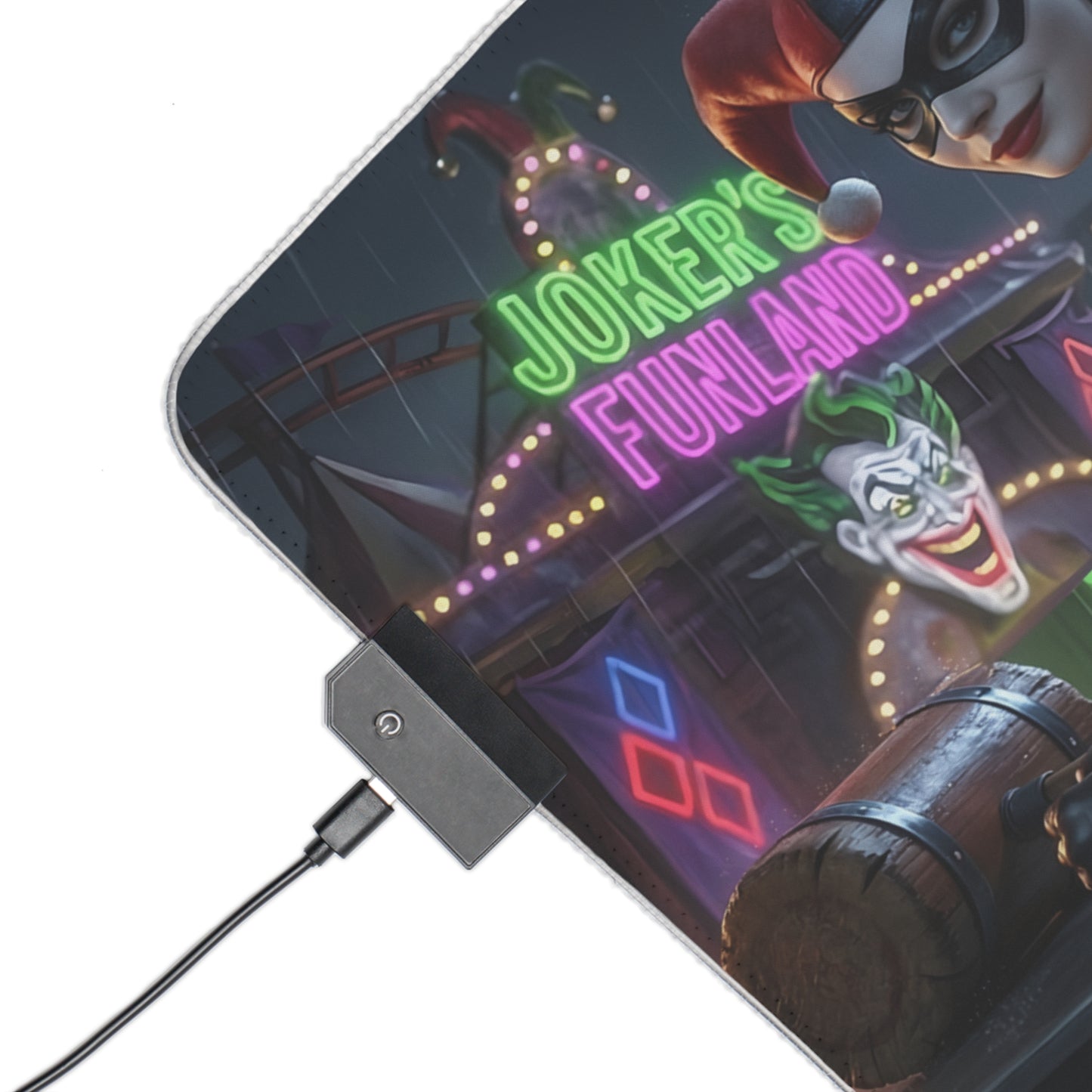 Harley Quinn RGB Mouse Pad – DC Comics Illuminated Desk Mat, Villain Gamer Decor showcasing Joker’s Funland neon art and RGB edge lighting