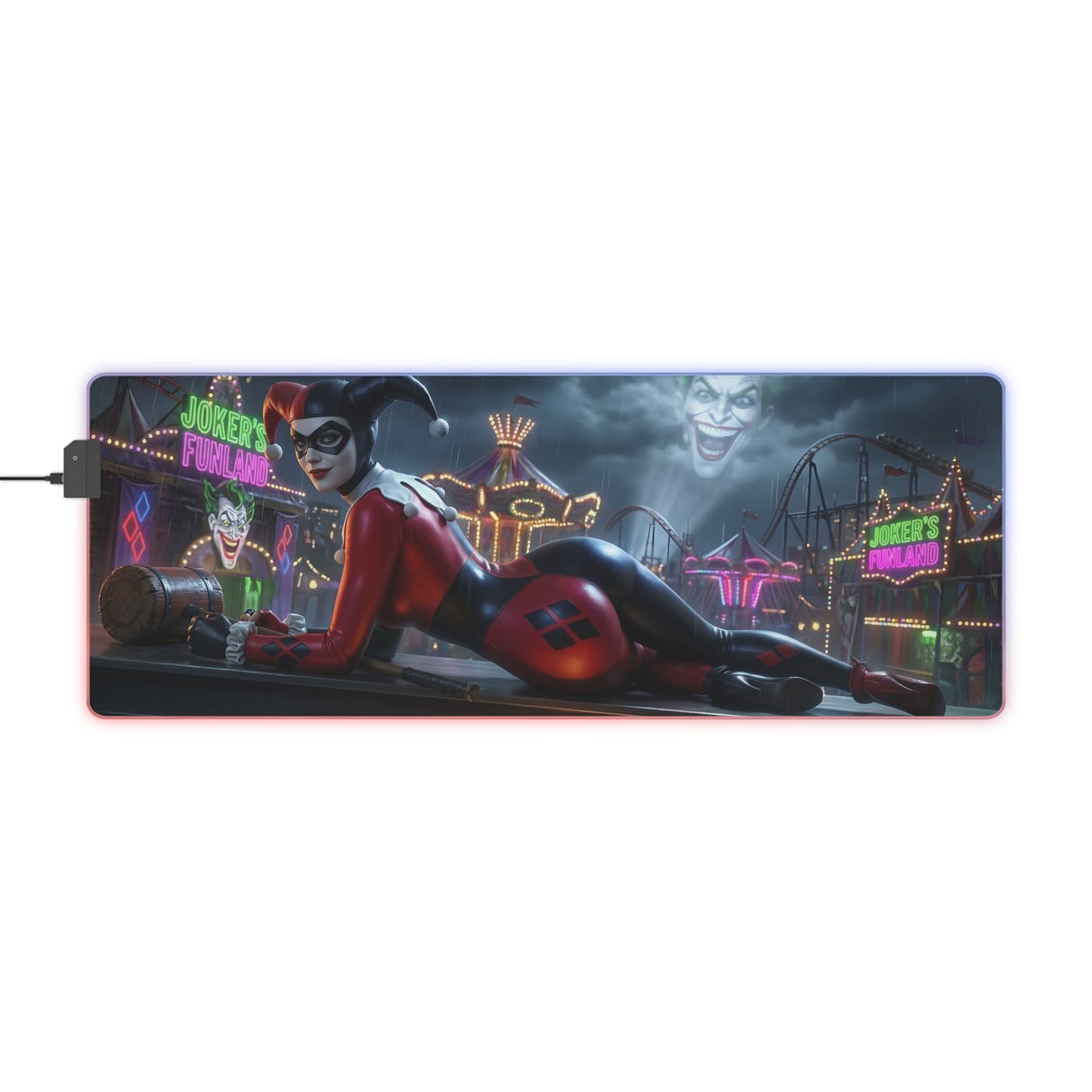 Harley Quinn RGB Mouse Pad – DC Comics Illuminated Desk Mat, Villain Gamer Decor featuring Harley Quinn reclining with colorful RGB edge lighting