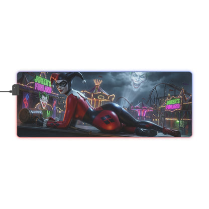 Harley Quinn RGB Mouse Pad – DC Comics Illuminated Desk Mat, Villain Gamer Decor featuring Harley Quinn reclining with colorful RGB edge lighting