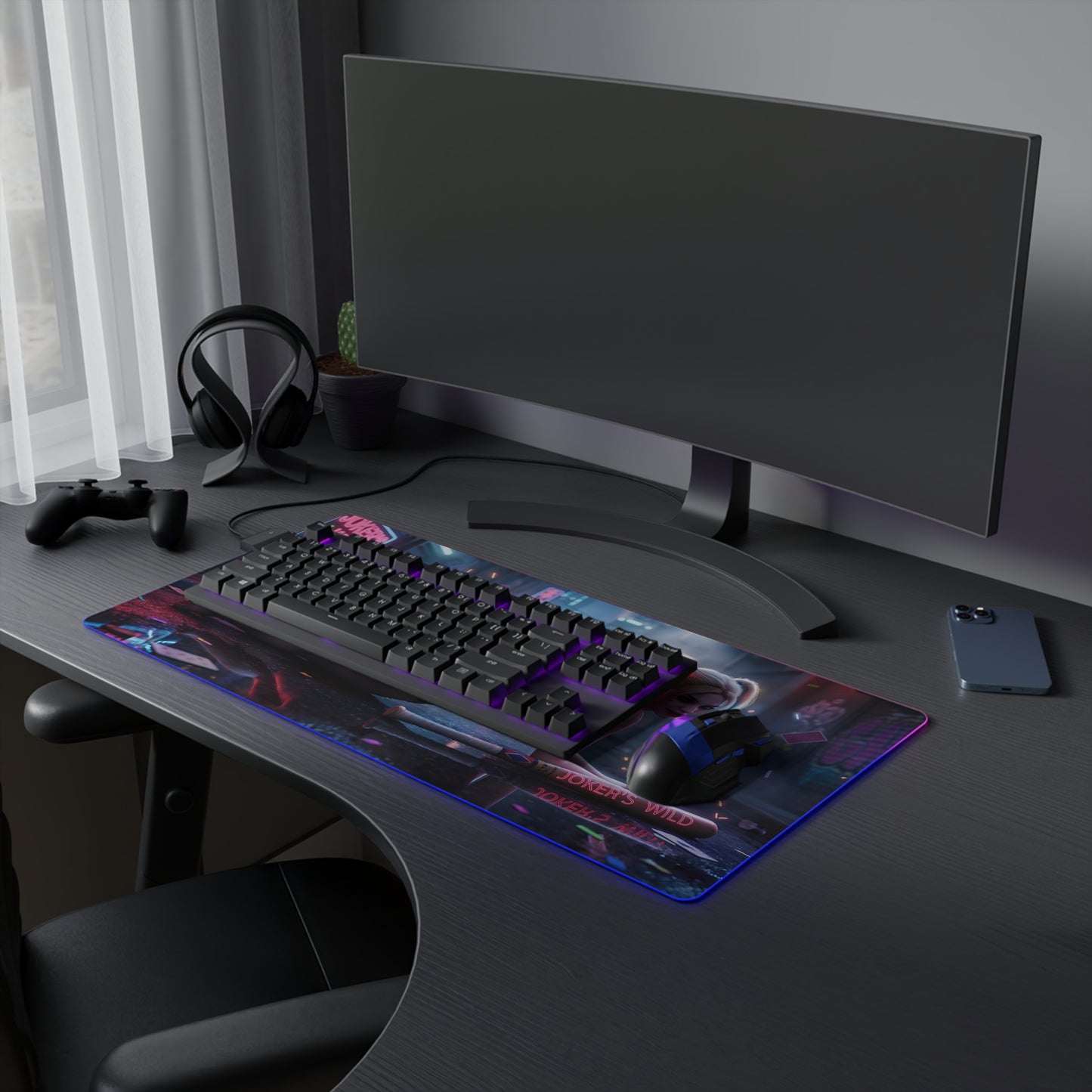 Harley Quinn RGB Mouse Pad – DC Comics Illuminated Desk Mat, Villain Gamer Setup on RGB-lit gaming desk with keyboard and mouse