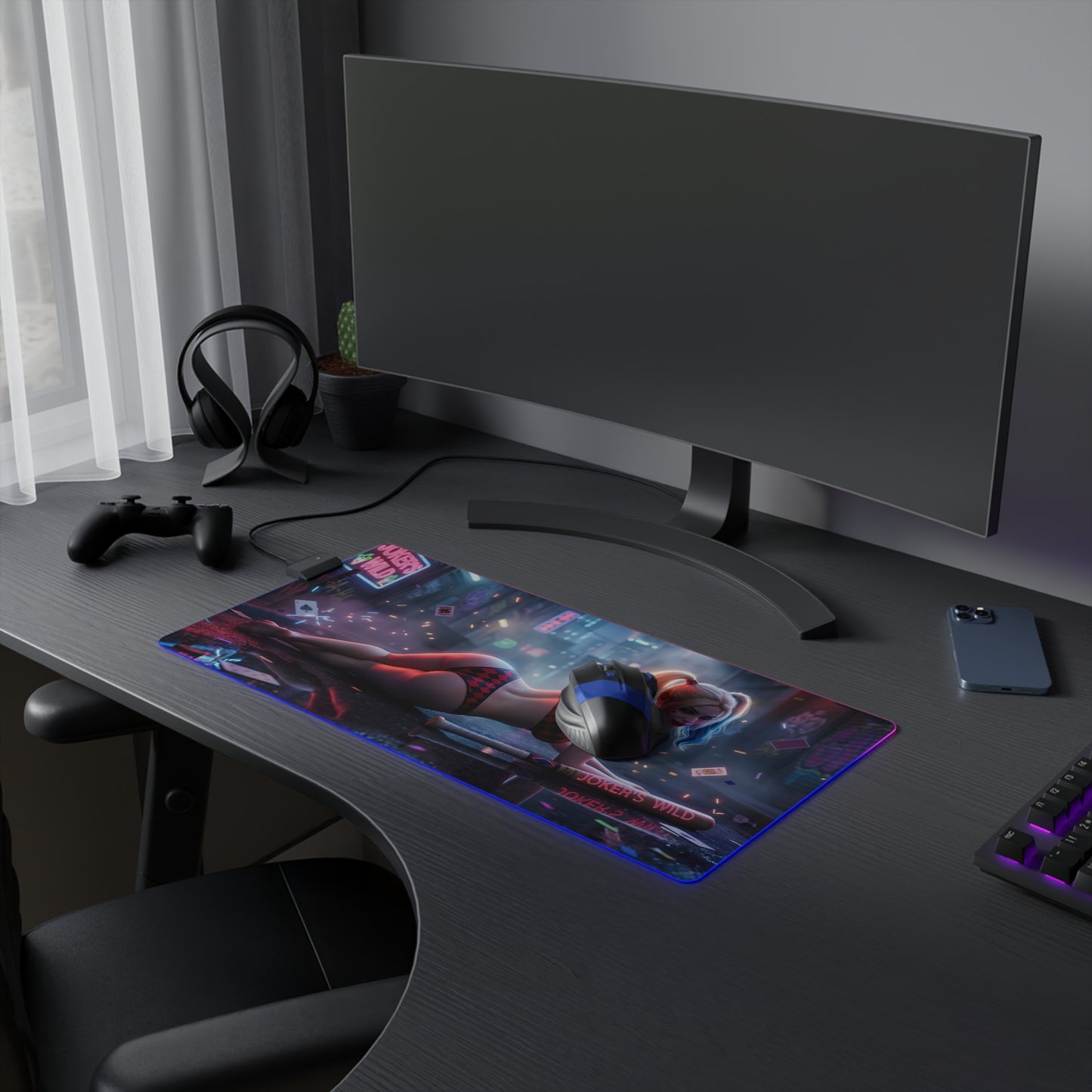 Harley Quinn RGB Mouse Pad – DC Comics Illuminated Desk Mat, Villain Gamer Setup on modern gaming desk with keyboard, mouse, controller and headset
