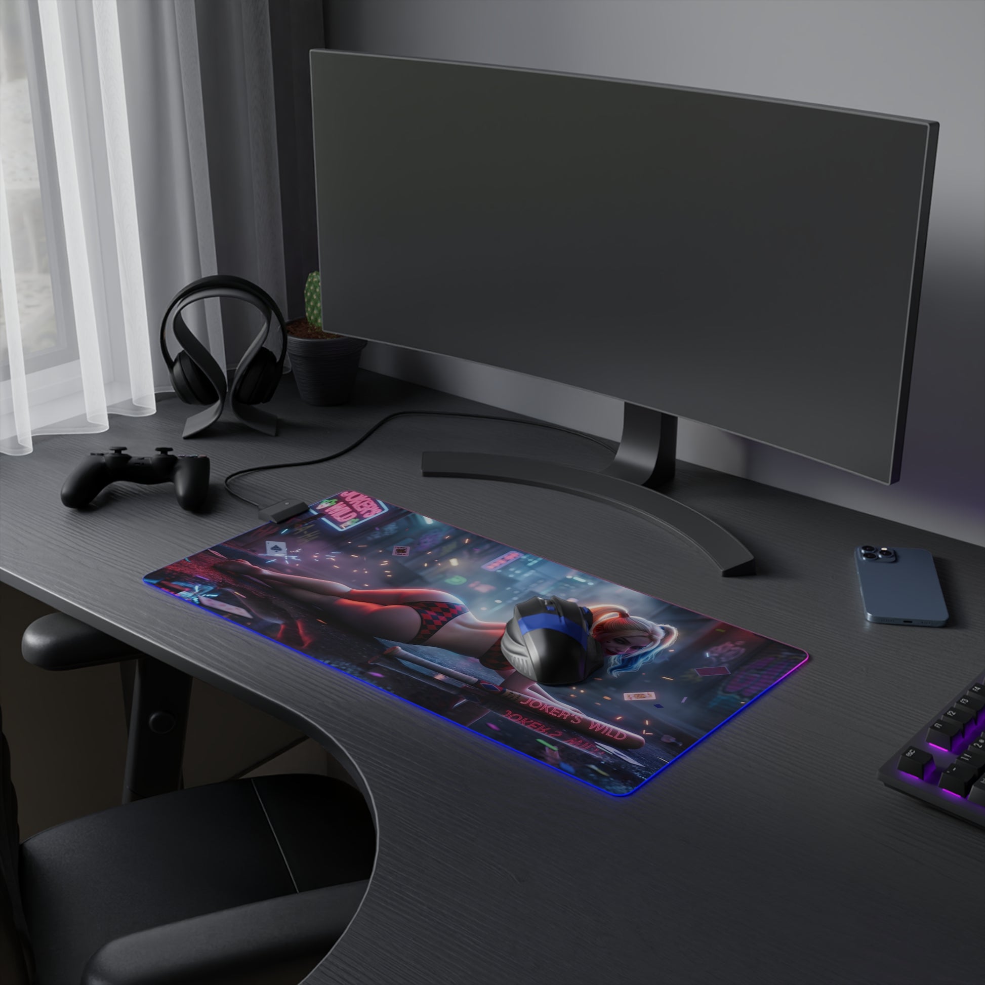 Harley Quinn RGB Mouse Pad – DC Comics Illuminated Desk Mat, Villain Gamer Setup on modern gaming desk with keyboard, mouse, controller and headset