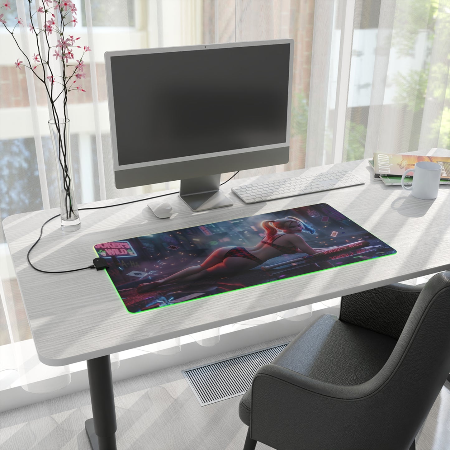 Harley Quinn RGB Mouse Pad – DC Comics Illuminated Desk Mat, Villain Gamer Setup showcasing vibrant RGB edge lighting and high‑definition Harley Quinn artwork on an extended desk mat