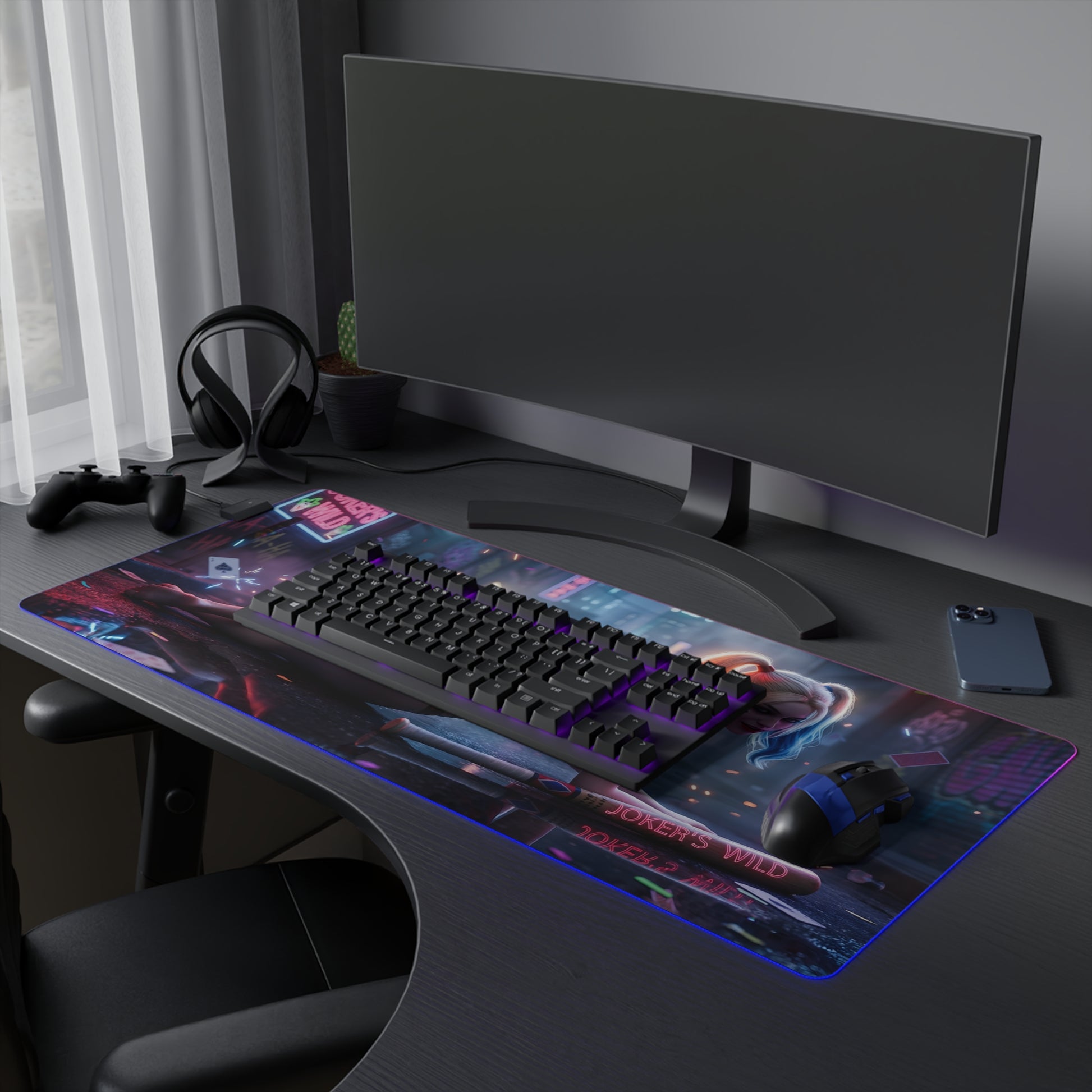 Harley Quinn RGB Mouse Pad – DC Comics Illuminated Desk Mat, Villain Gamer Setup showing extended desk mat with keyboard, mouse, RGB edge lighting