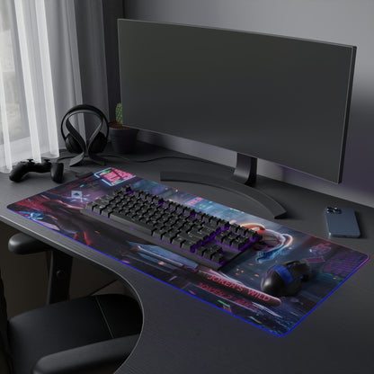 Harley Quinn RGB Mouse Pad – DC Comics Illuminated Desk Mat, Villain Gamer Setup showing extended desk mat with keyboard, mouse, RGB edge lighting