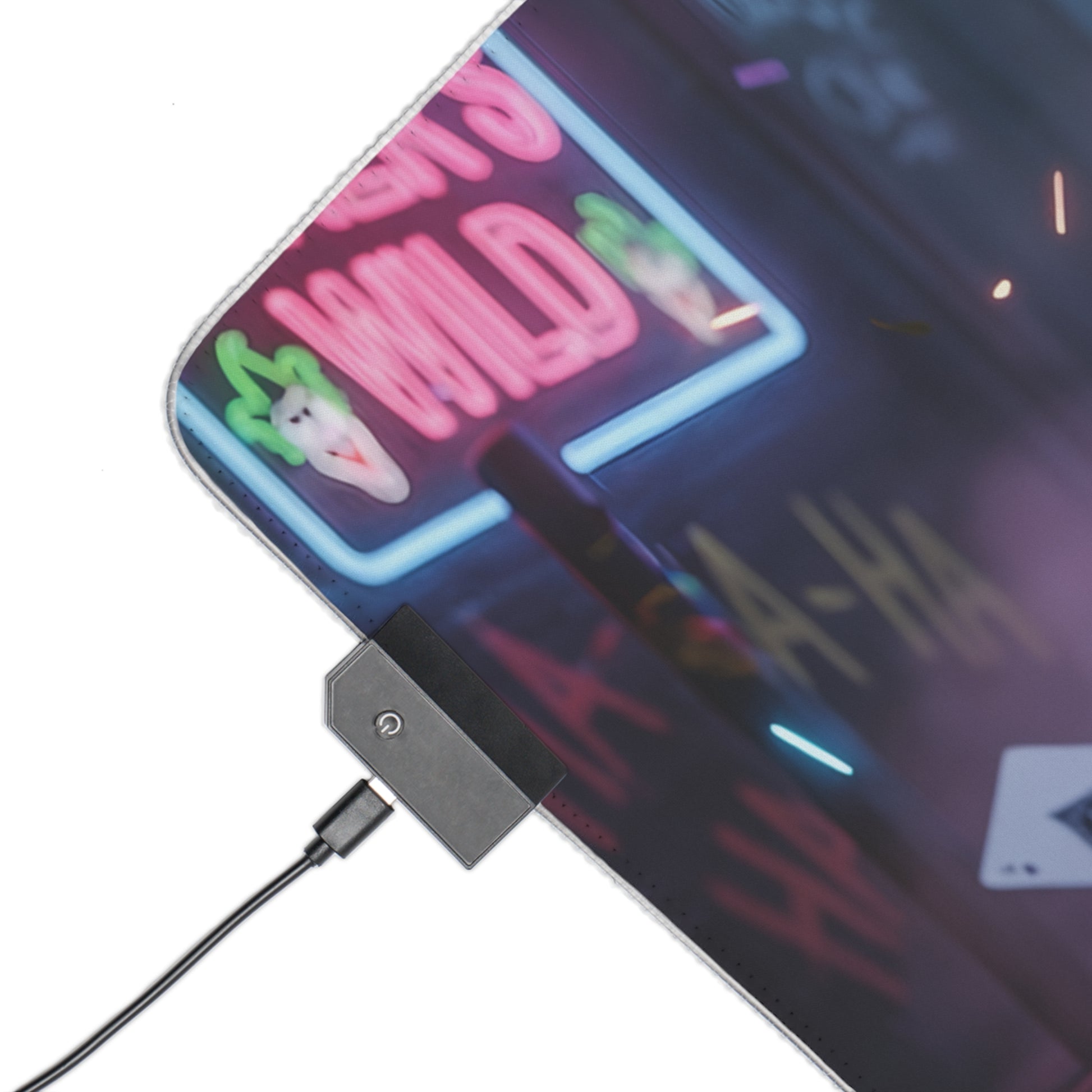 Harley Quinn RGB Mouse Pad – DC Comics Illuminated Desk Mat, Villain Gamer Setup close-up of illuminated corner, RGB controller and neon print