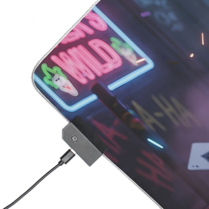 Harley Quinn RGB Mouse Pad – DC Comics Illuminated Desk Mat, Villain Gamer Setup close-up of illuminated corner, RGB controller and neon print