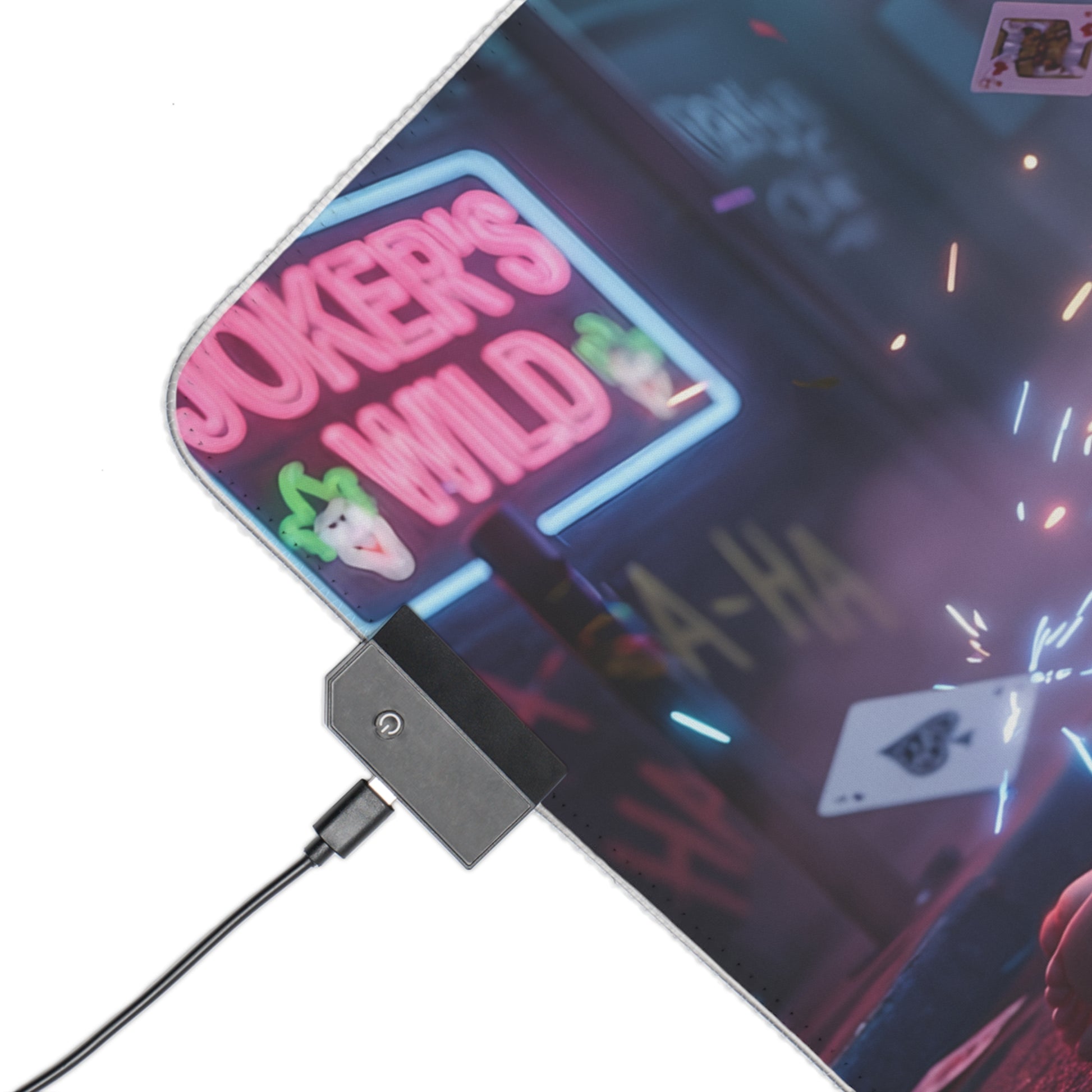 Harley Quinn RGB Mouse Pad – DC Comics Illuminated Desk Mat, Villain Gamer Setup showing corner USB controller, neon Jokers Wild sign and card art