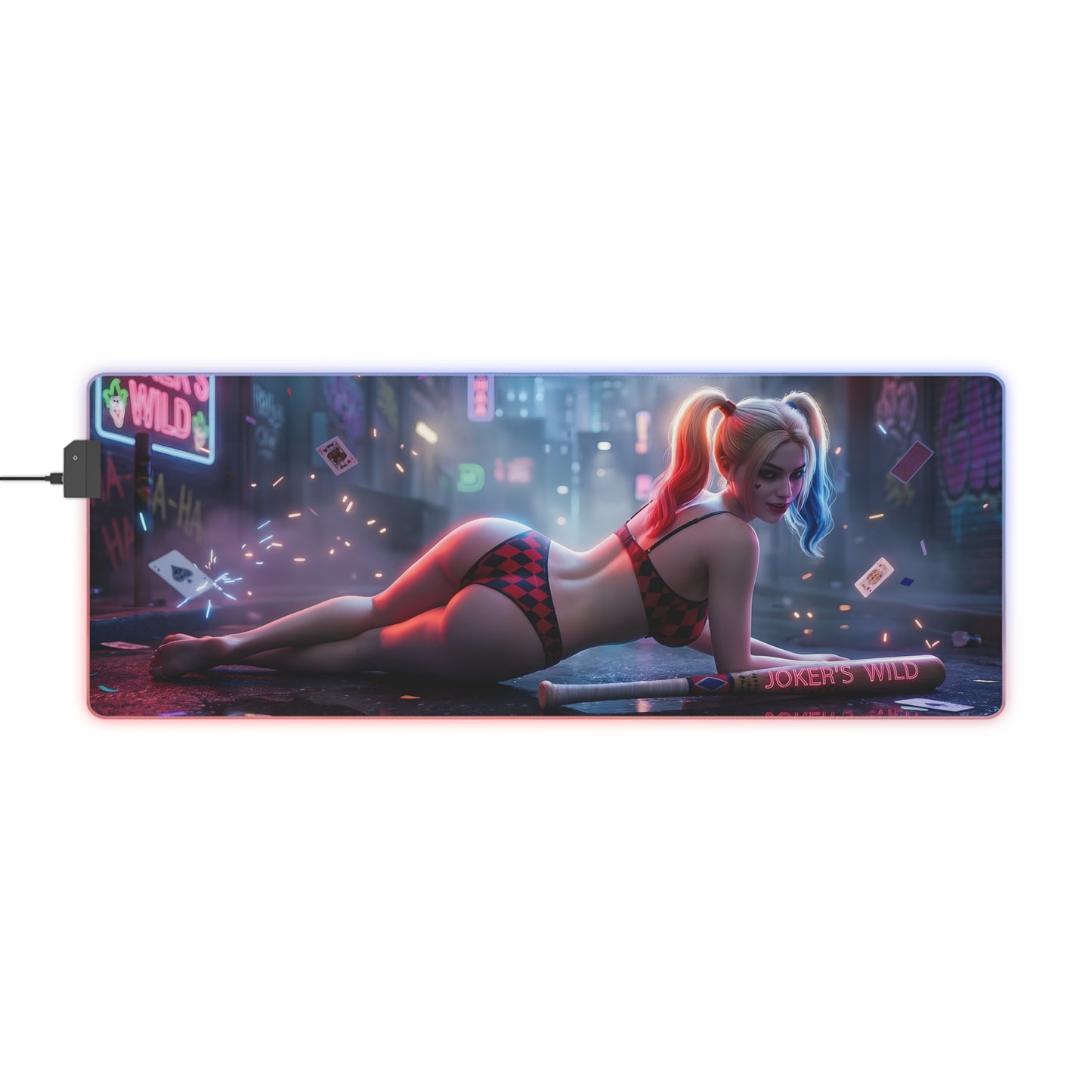 Harley Quinn RGB Mouse Pad – DC Comics Illuminated Desk Mat, Villain Gamer Setup featuring reclining Harley Quinn artwork with RGB edge lighting
