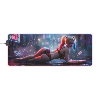 Harley Quinn RGB Mouse Pad – DC Comics Illuminated Desk Mat, Villain Gamer Setup featuring reclining Harley Quinn artwork with RGB edge lighting
