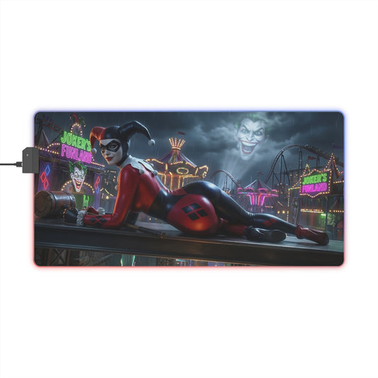 Harley Quinn RGB Mouse Pad – DC Comics Illuminated Desk Mat, Villain Gamer Decor featuring Harley Quinn cosplay art with RGB edge lighting and anti-slip base
