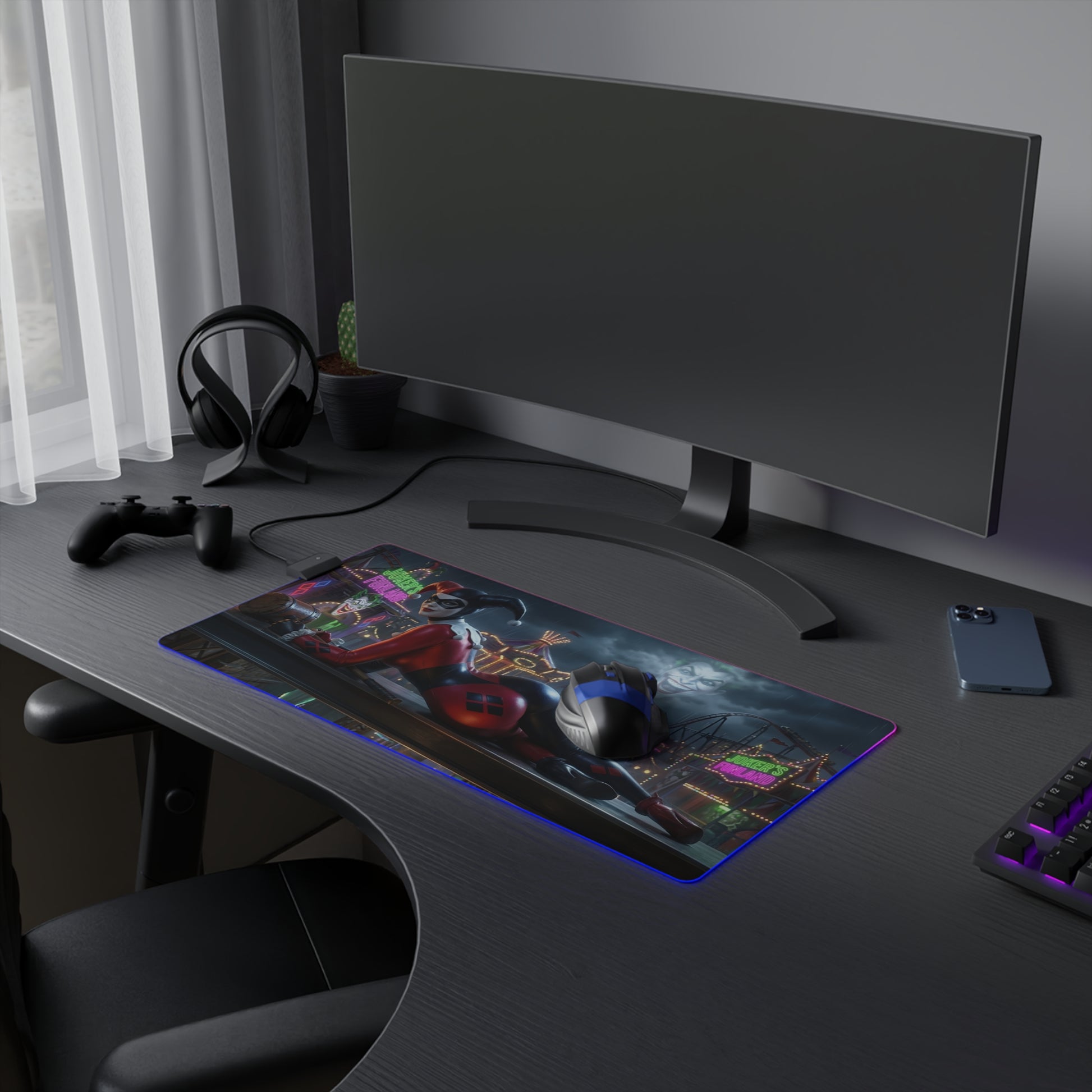 Harley Quinn RGB Mouse Pad – DC Comics Illuminated Desk Mat, Villain Gamer Decor on a gaming desk with RGB lighting