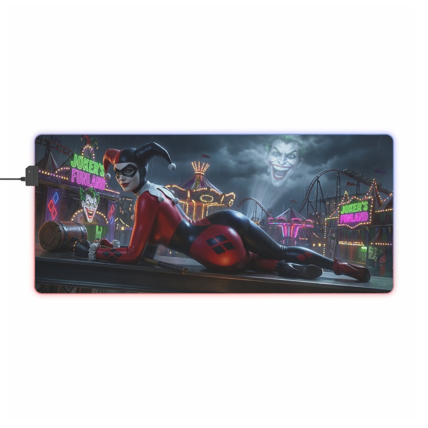 Harley Quinn RGB Mouse Pad – DC Comics Illuminated Desk Mat, Villain Gamer Decor featuring Harley Quinn reclining with Joker carnival art and RGB edge lighting