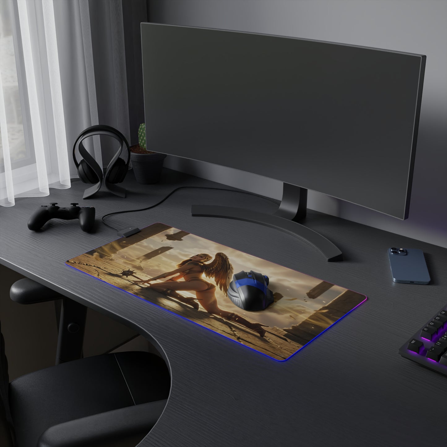 DC Mouse Pad, Hawkgirl LED RGB Desk Mat, Gift for Gamer, Fantasy Superhero Decor — Hawkgirl artwork on large RGB gaming desk mat