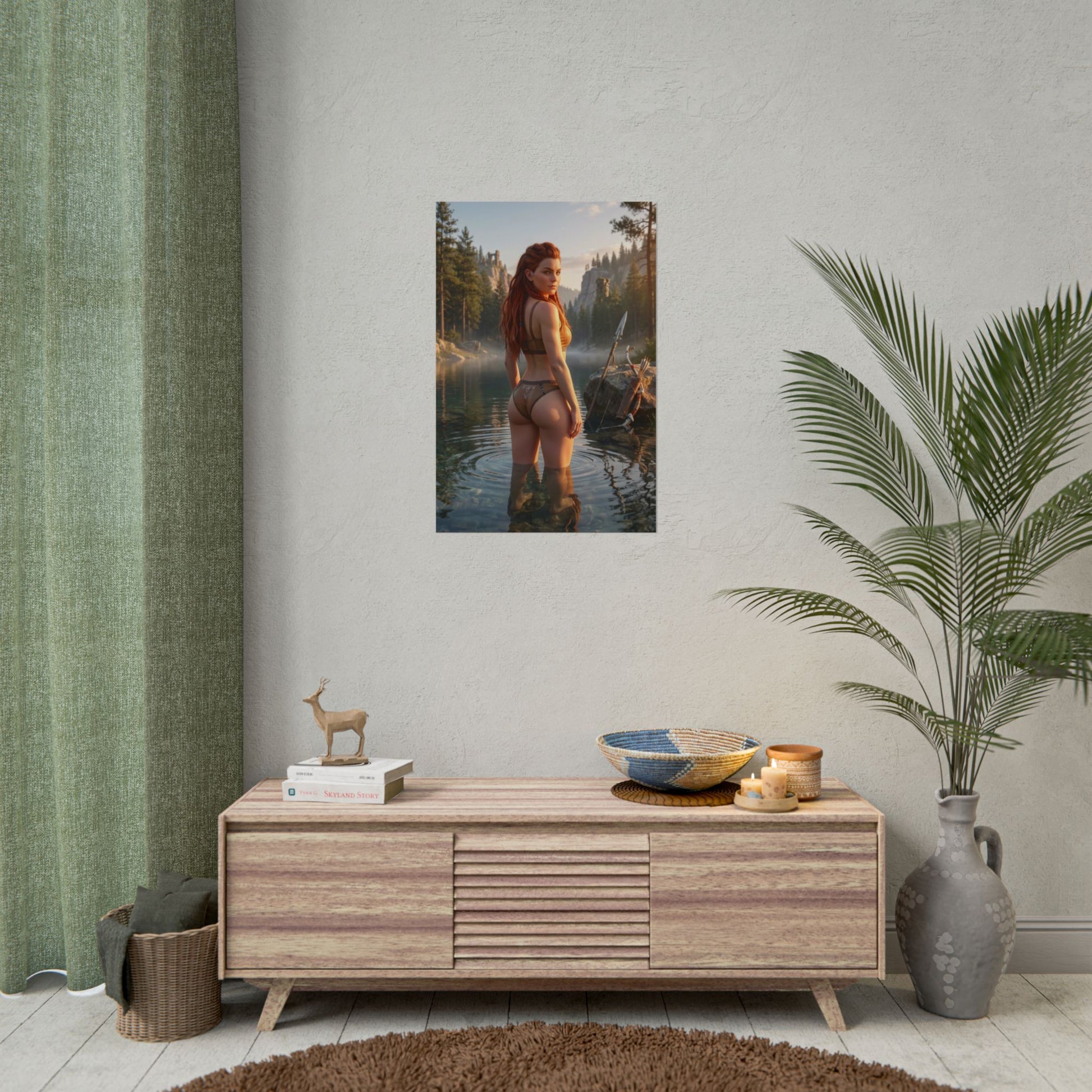 Horizon Poster – Aloy Art Print, Adventure Game Wall Art showing Aloy standing in calm forest waters with cliffs and ruins at cinematic morning light