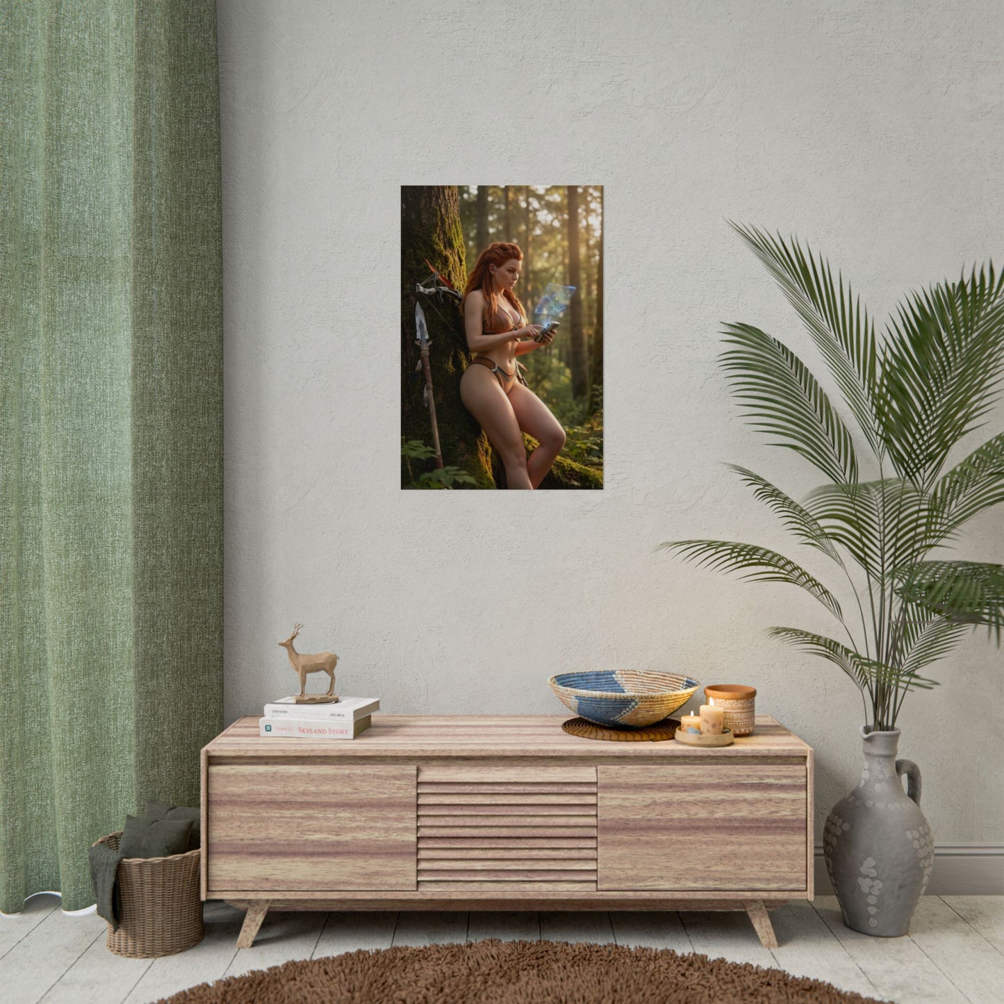 Horizon Poster – Aloy Art Print, Sci-Fi Adventure Game Wall Art showing Aloy with Focus in sunlit forest, cinematic golden light contrast