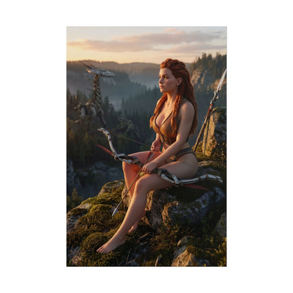 Horizon Poster – Aloy Art Print, Sci-Fi Adventure Game Wall Art showing Aloy resting on a cliff with bow at sunrise overlooking a vast wilderness