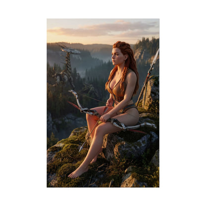 Horizon Poster – Aloy Art Print, Sci-Fi Adventure Game Wall Art showing Aloy seated on a cliff with bow at sunrise overlooking wilderness valley