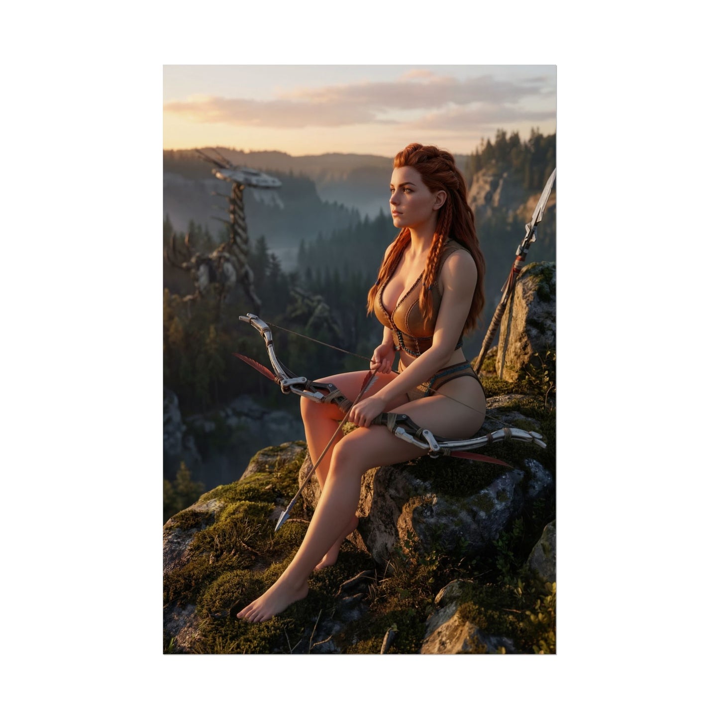 Horizon Poster – Aloy Art Print, Sci-Fi Adventure Game Wall Art showing Aloy seated on a cliff at sunrise with bow overlooking a vast wilderness valley