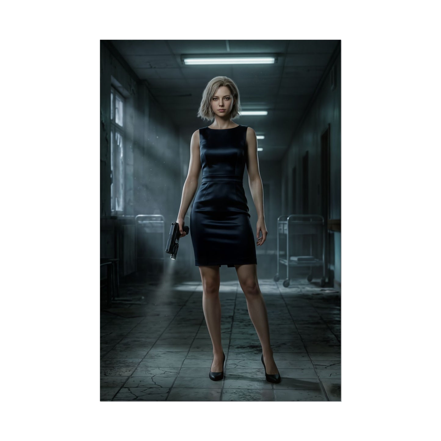 Alt Tag: Hot Grace Ashcroft Poster, Resident Evil Requiem Wall Art Print, Horror Game Decor - cinematic character portrait of Grace in black dress holding handgun