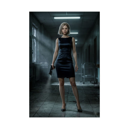 Hot Grace Ashcroft Poster, Resident Evil Requiem Wall Art Print, Horror Game Decor — cinematic character poster of Grace Ashcroft in black dress holding a pistol
