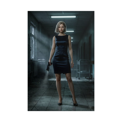 Hot Grace Ashcroft Poster, Resident Evil Requiem Wall Art Print, Horror Game Decor — cinematic character poster of armed heroine in dark hospital corridor