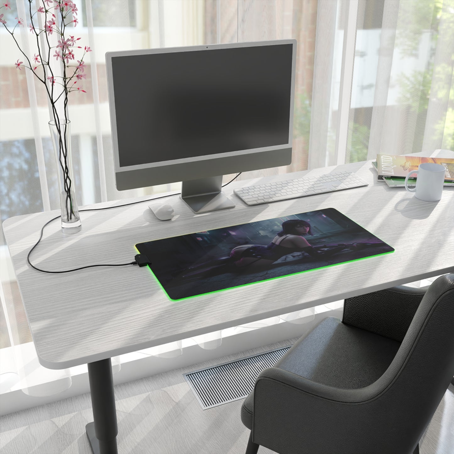 Hunter x Hunter Mouse Pad, Shizuku LED RGB Desk Mat, Gift for Gamer, Anime Room Decor — Shizuku artwork on RGB desk mat shown on modern gaming desk