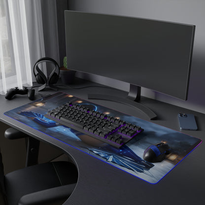 Jade RGB Mouse Pad – Mortal Kombat LED Desk Mat, Fighting Gamer Setup showcasing warrior artwork, RGB edge lighting, extended desk coverage