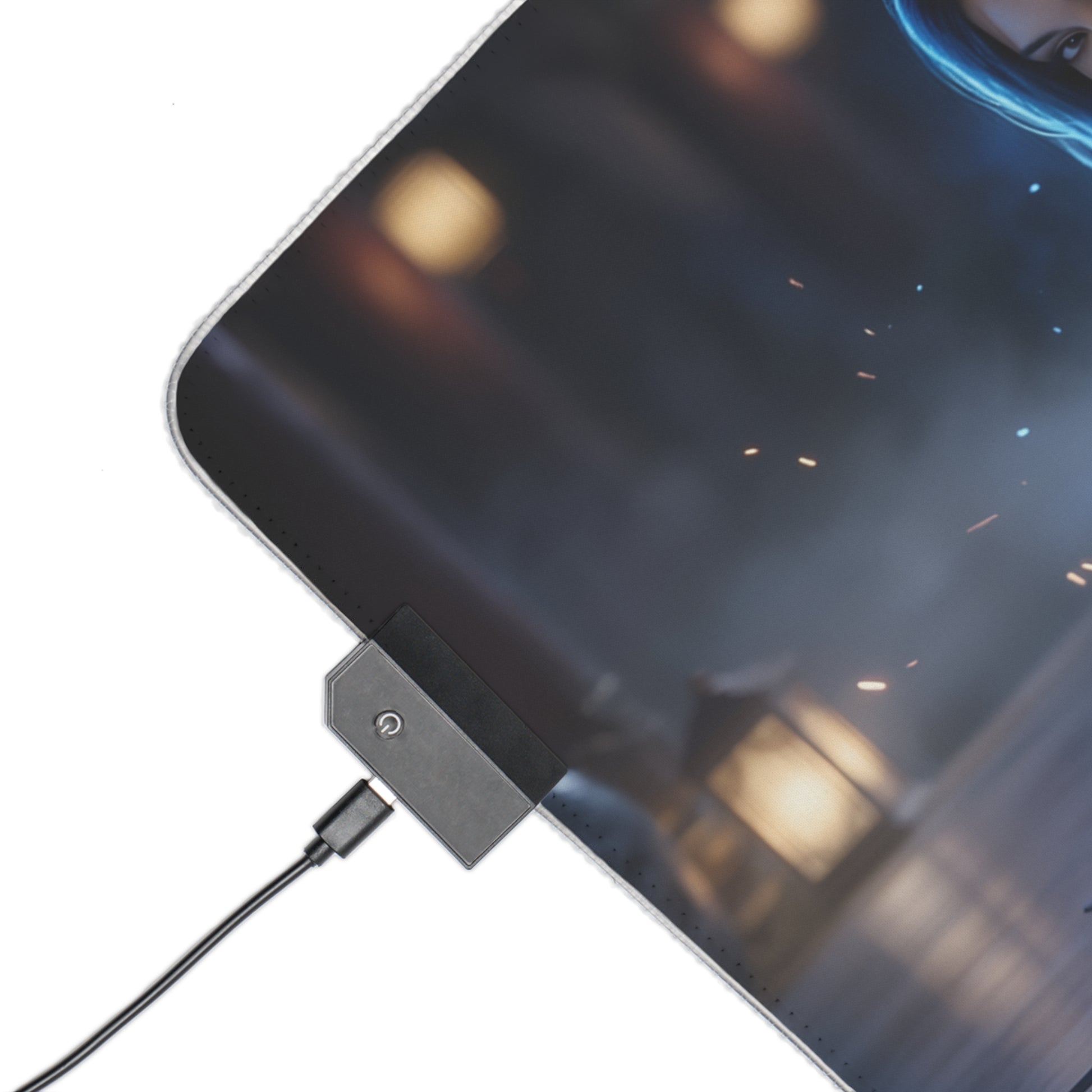 Jade RGB Mouse Pad – Mortal Kombat LED Desk Mat, Fighting Gamer Setup showing corner LED connector and high‑definition warrior print