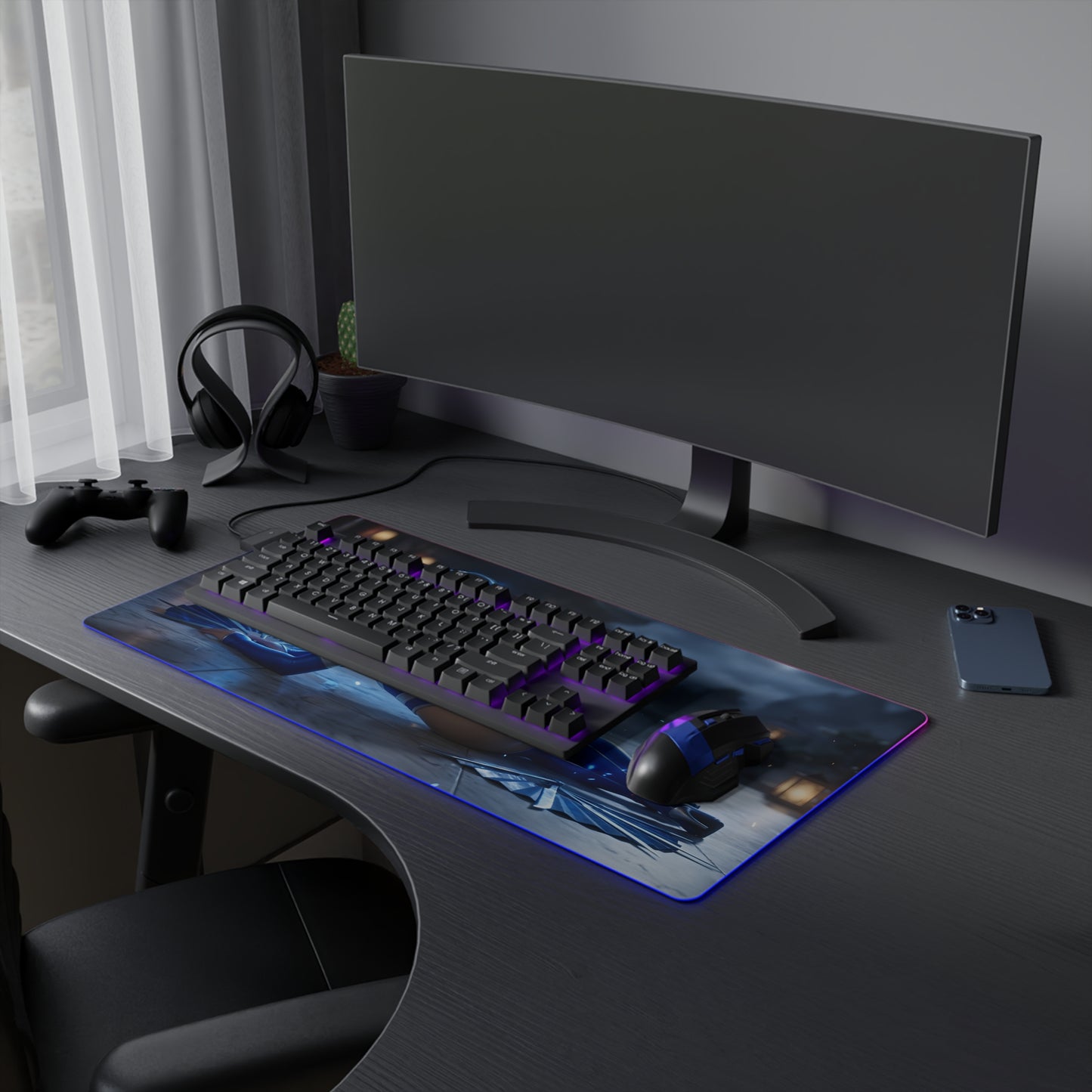 Jade RGB Mouse Pad – Mortal Kombat LED Desk Mat, Fighting Gamer Setup on a dark gaming desk with keyboard and RGB edge lighting