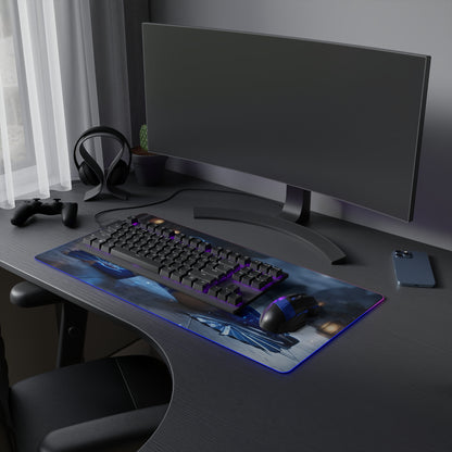 Jade RGB Mouse Pad – Mortal Kombat LED Desk Mat, Fighting Gamer Setup on a dark gaming desk with keyboard and RGB edge lighting