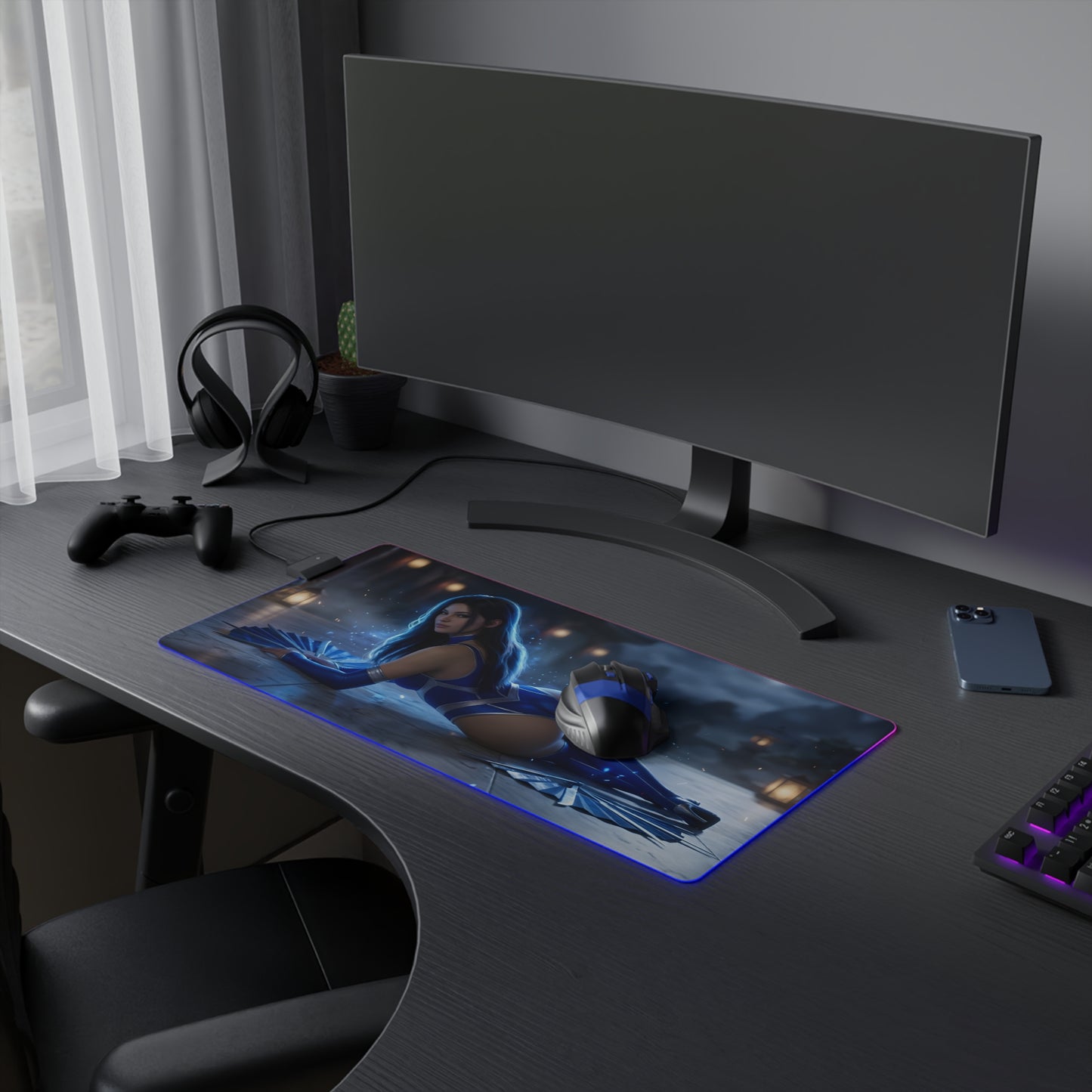 Jade RGB Mouse Pad – Mortal Kombat LED Desk Mat, Fighting Gamer Setup on a gaming desk with warrior artwork and RGB edge lighting