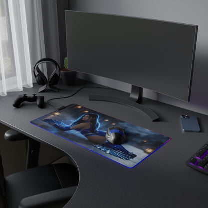Jade RGB Mouse Pad – Mortal Kombat LED Desk Mat, Fighting Gamer Setup on a gaming desk with warrior artwork and RGB edge lighting