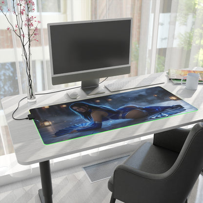 Jade RGB Mouse Pad – Mortal Kombat LED Desk Mat, Fighting Gamer Setup on modern gaming desk with blue warrior artwork and green RGB edge
