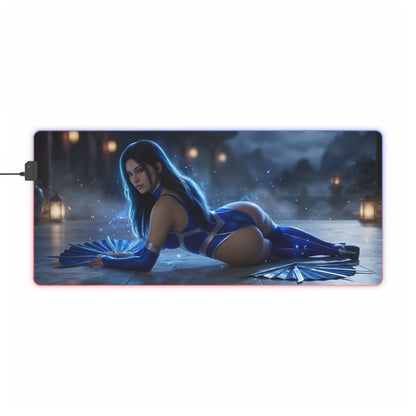 Jade RGB Mouse Pad – Mortal Kombat LED Desk Mat, Fighting Gamer Setup with blue warrior artwork, vibrant edge lighting and extended surface