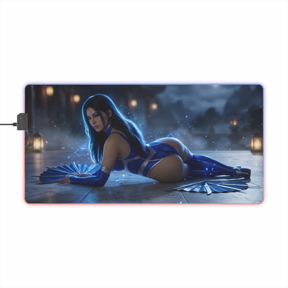 Jade RGB Mouse Pad – Mortal Kombat LED Desk Mat, Fighting Gamer Setup featuring blue-clad warrior artwork and vibrant edge lighting