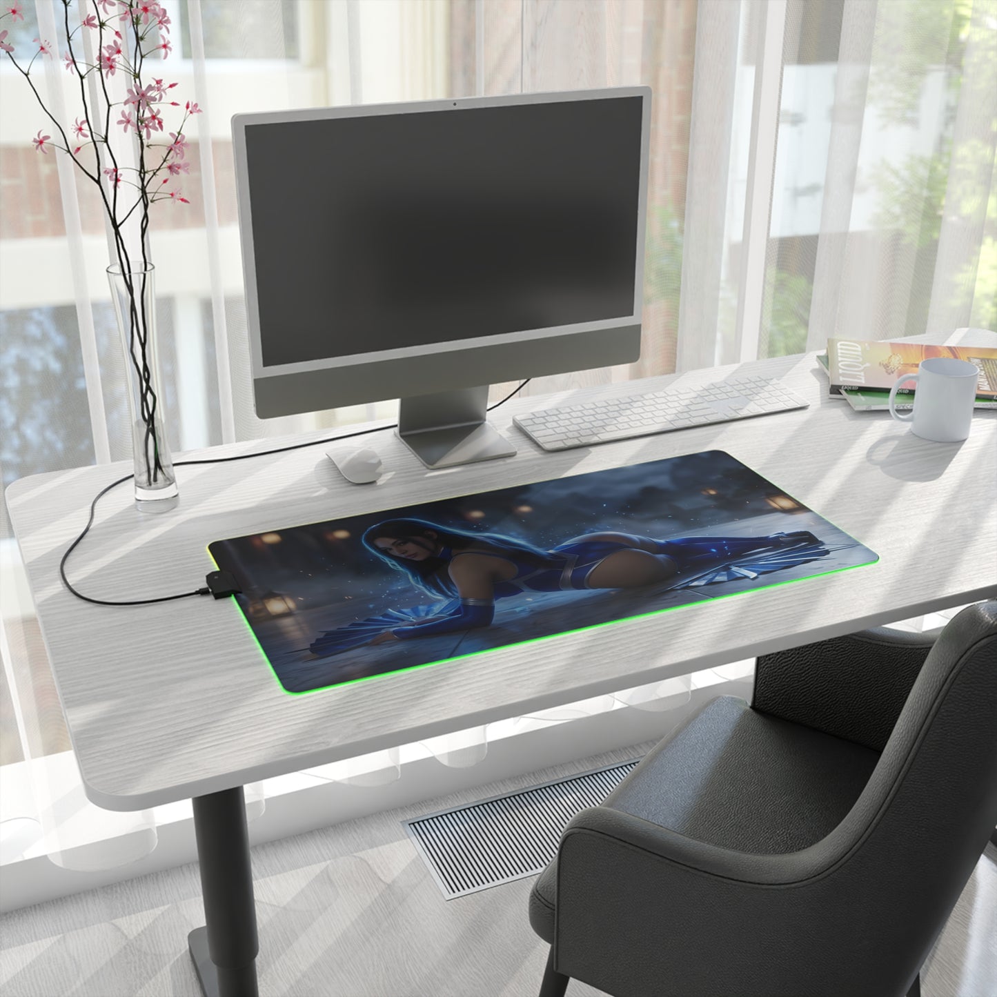 Jade RGB Mouse Pad – Mortal Kombat LED Desk Mat, Fighting Gamer Setup on clean white desk with green edge lighting