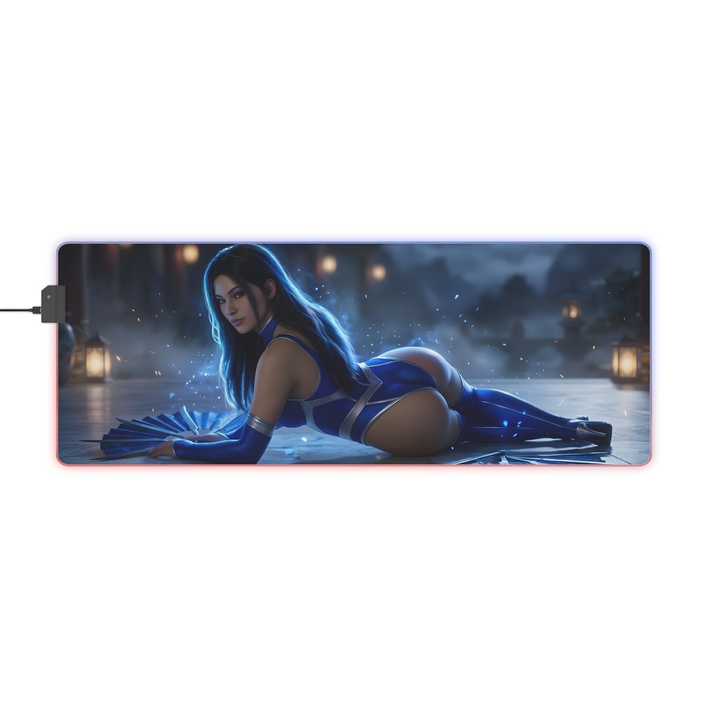 Jade RGB Mouse Pad – Mortal Kombat LED Desk Mat, Fighting Gamer Setup featuring reclining warrior artwork, vibrant RGB edge lighting and extended desk coverage