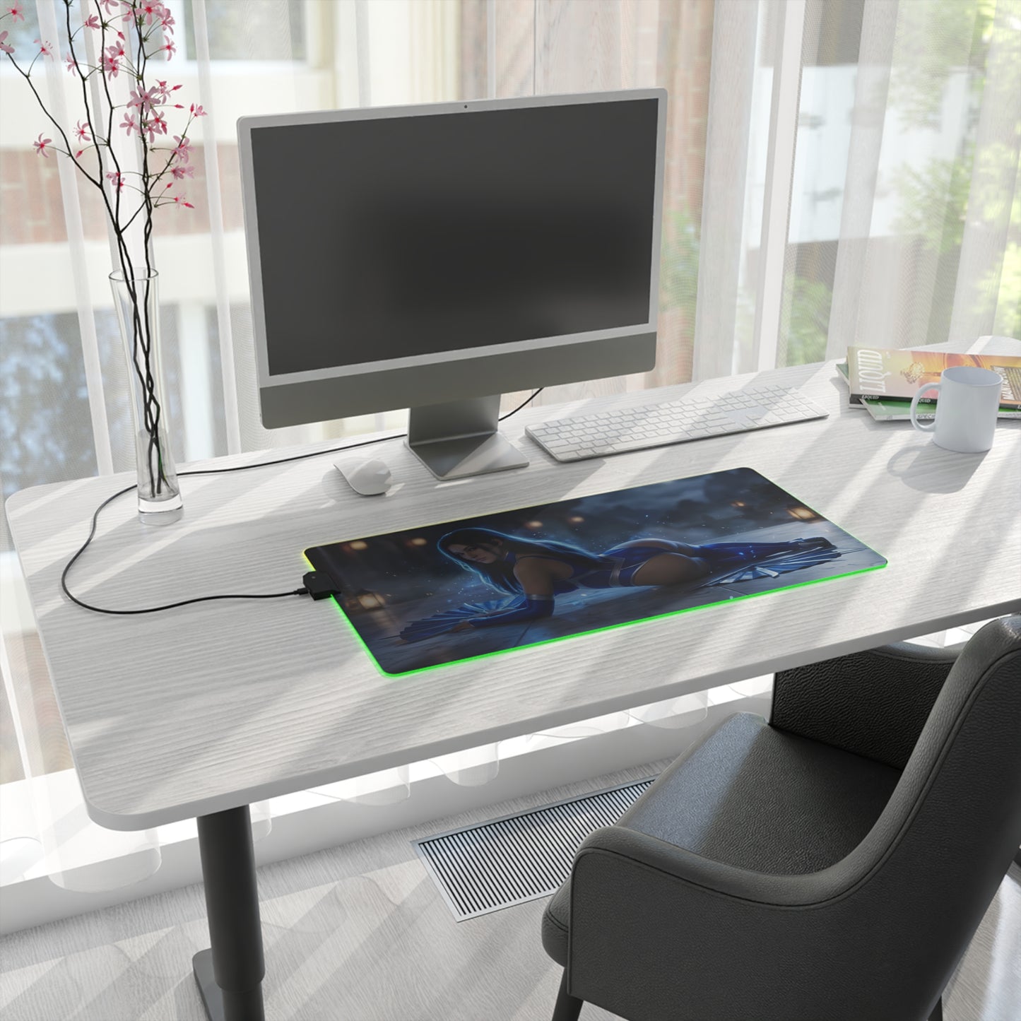 Jade RGB Mouse Pad – Mortal Kombat LED Desk Mat, Fighting Gamer Setup on a clean white desk with RGB edge lighting and warrior artwork