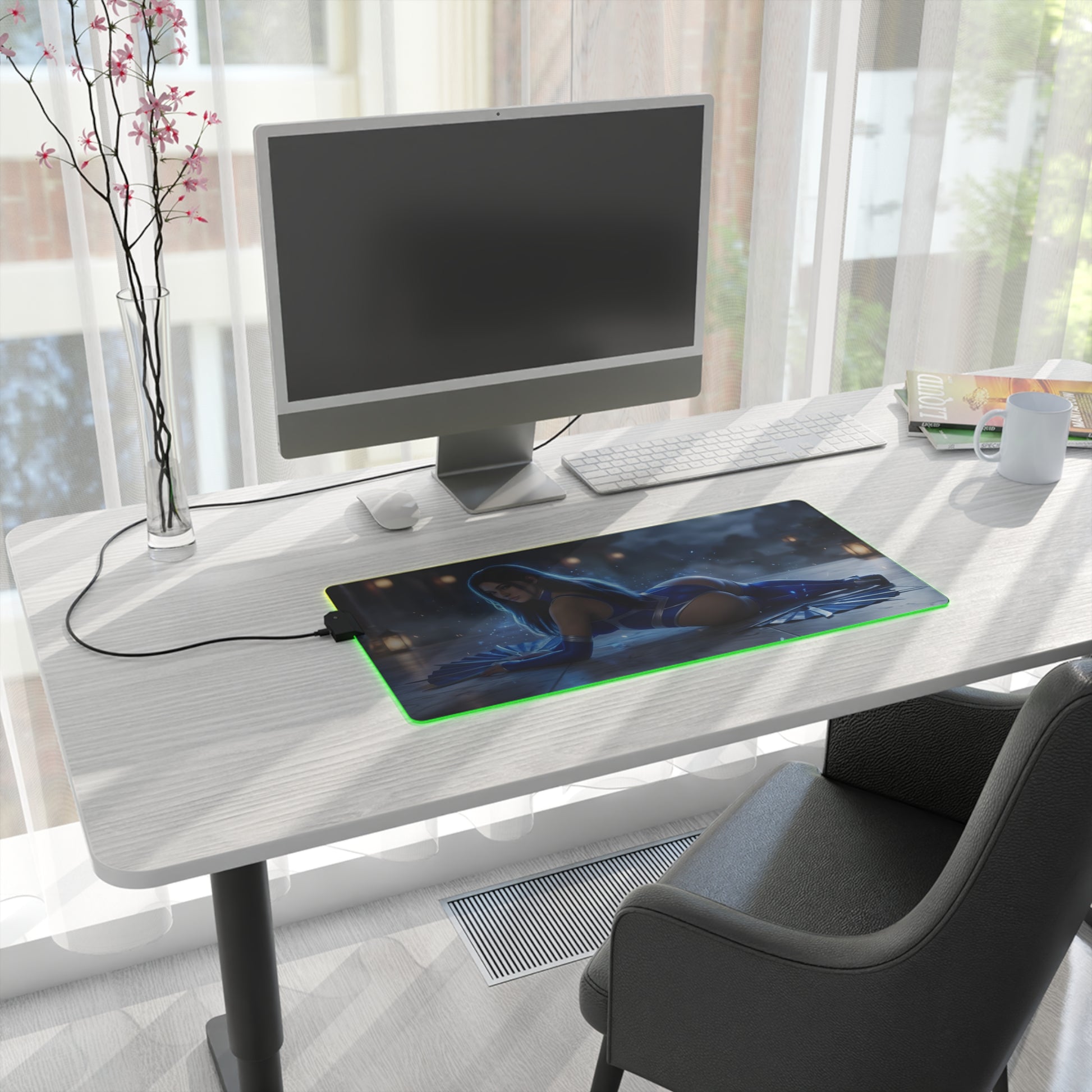 Jade RGB Mouse Pad – Mortal Kombat LED Desk Mat, Fighting Gamer Setup on a clean white desk with RGB edge lighting and warrior artwork