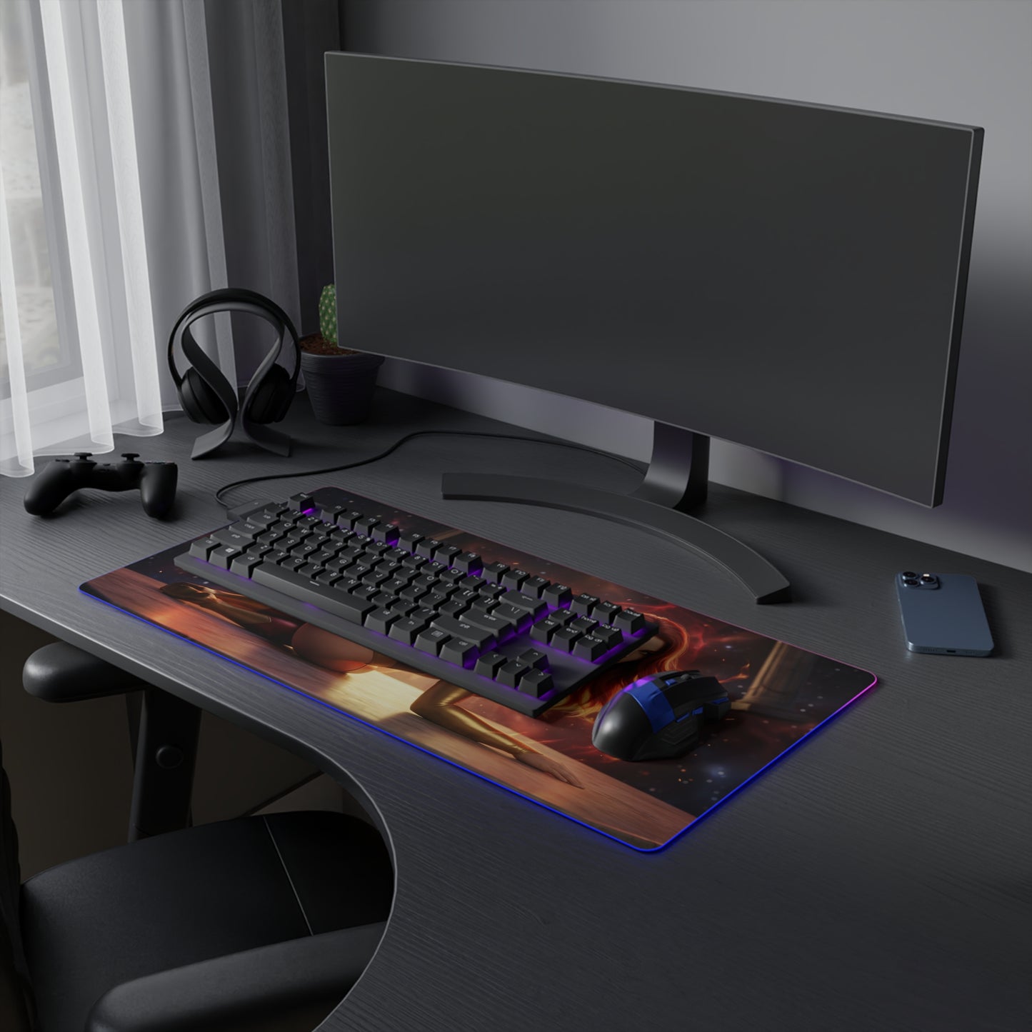 X-Men Mouse Pad – Jean Grey Illuminated RGB Desk Mat, Gaming Setup Decor, Gift Idea on gaming desk with keyboard, mouse, LED border