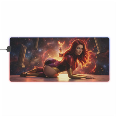 X-Men Mouse Pad – Jean Grey Illuminated RGB Desk Mat, Gaming Setup Decor, Gift Idea showing Jean Grey in cosmic aura with LED border on gaming desk