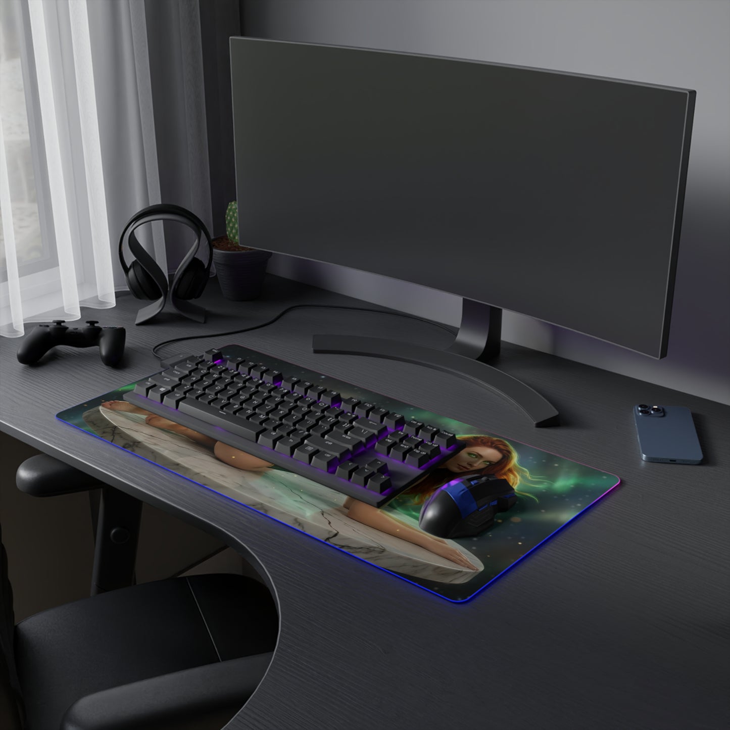 X-Men Mouse Pad – Jean Grey LED RGB Desk Mat, Gamer Room Decor, Gift for Marvel Fan on desk with keyboard and RGB glow