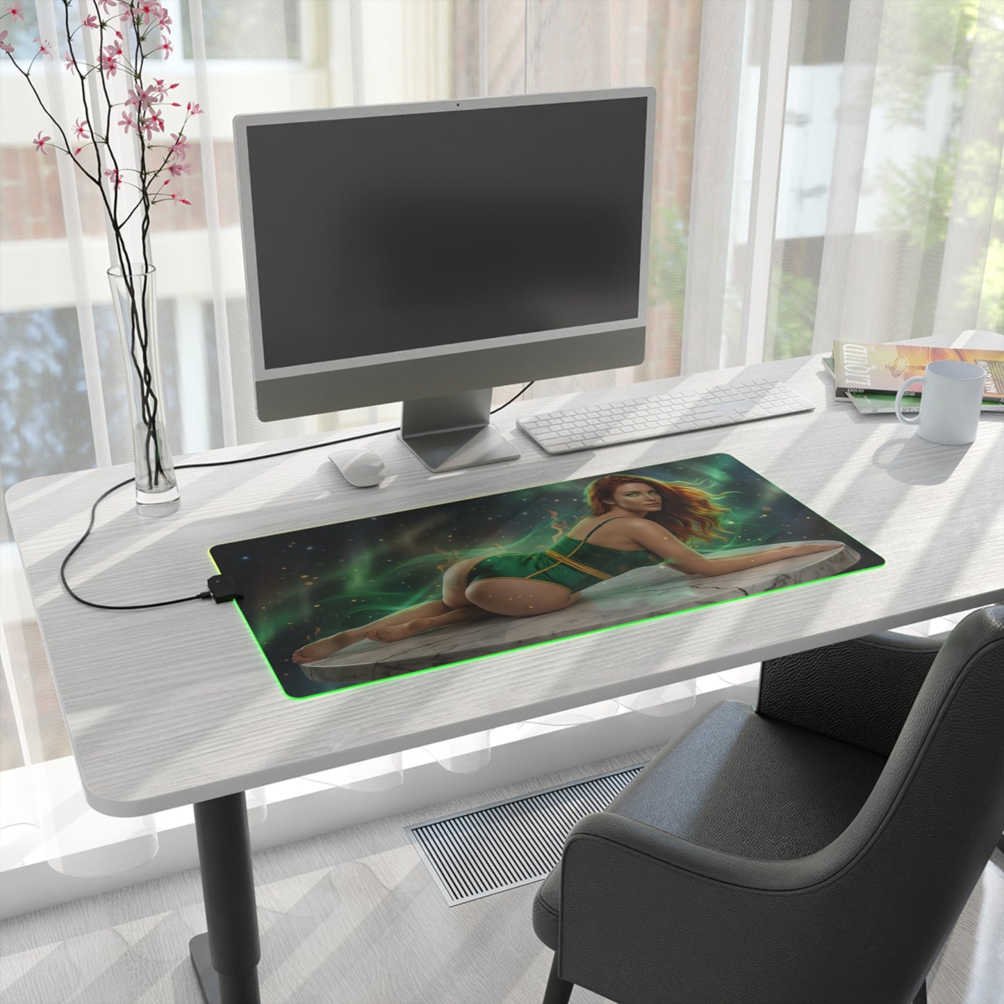 X-Men Mouse Pad – Jean Grey LED RGB Desk Mat, Gamer Room Decor, Gift for Marvel Fan on desk with green RGB glow and ultra-smooth tracking