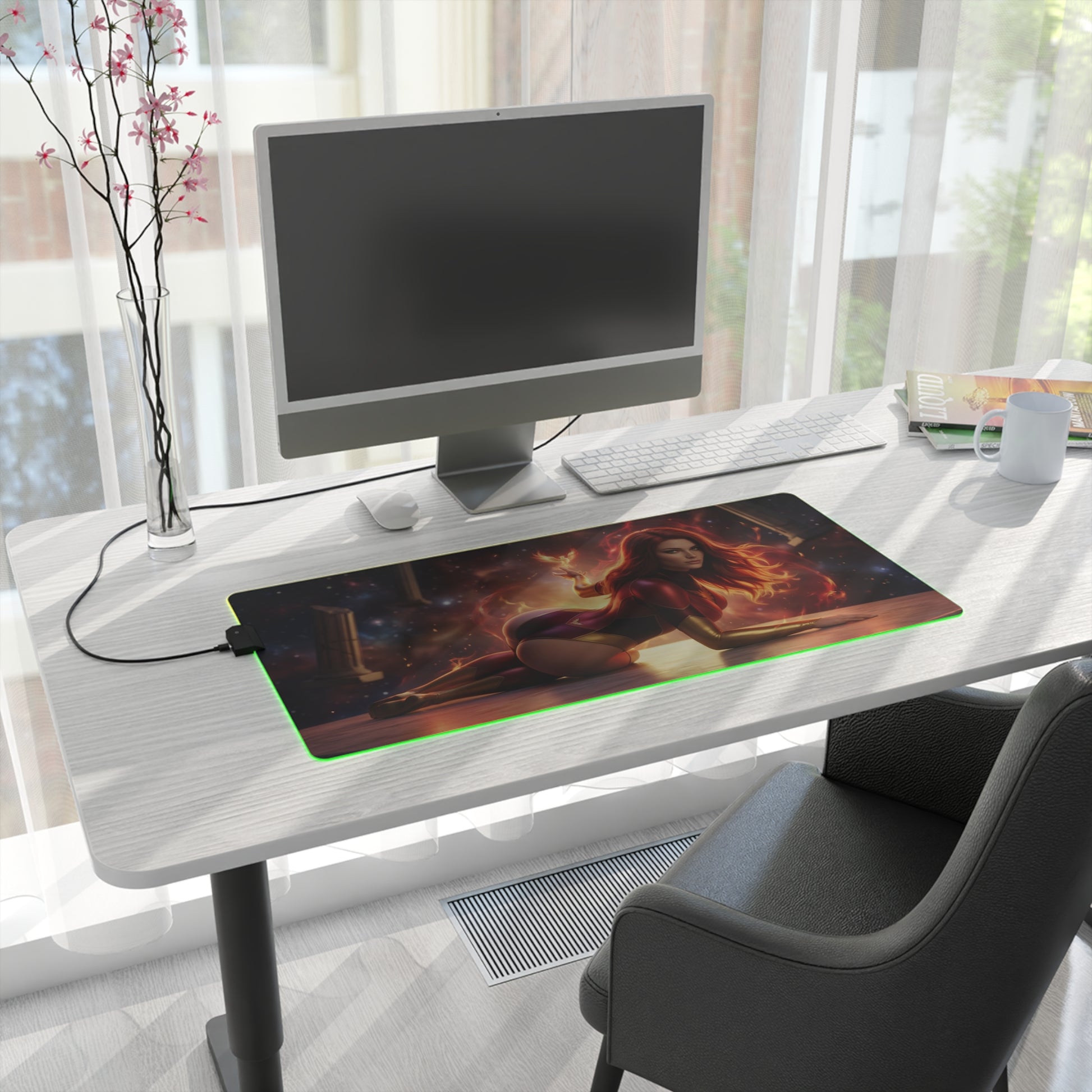 X-Men Mouse Pad – Jean Grey Illuminated RGB Desk Mat, Gaming Setup Decor, Gift Idea on modern gaming desk with glowing LED border and cosmic artwork
