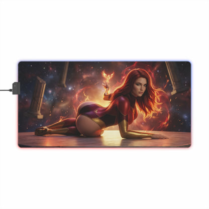 X-Men Mouse Pad – Jean Grey Illuminated RGB Desk Mat, Gaming Setup Decor, Gift Idea showing Jean Grey cosmic aura, LED border, gaming desk decor