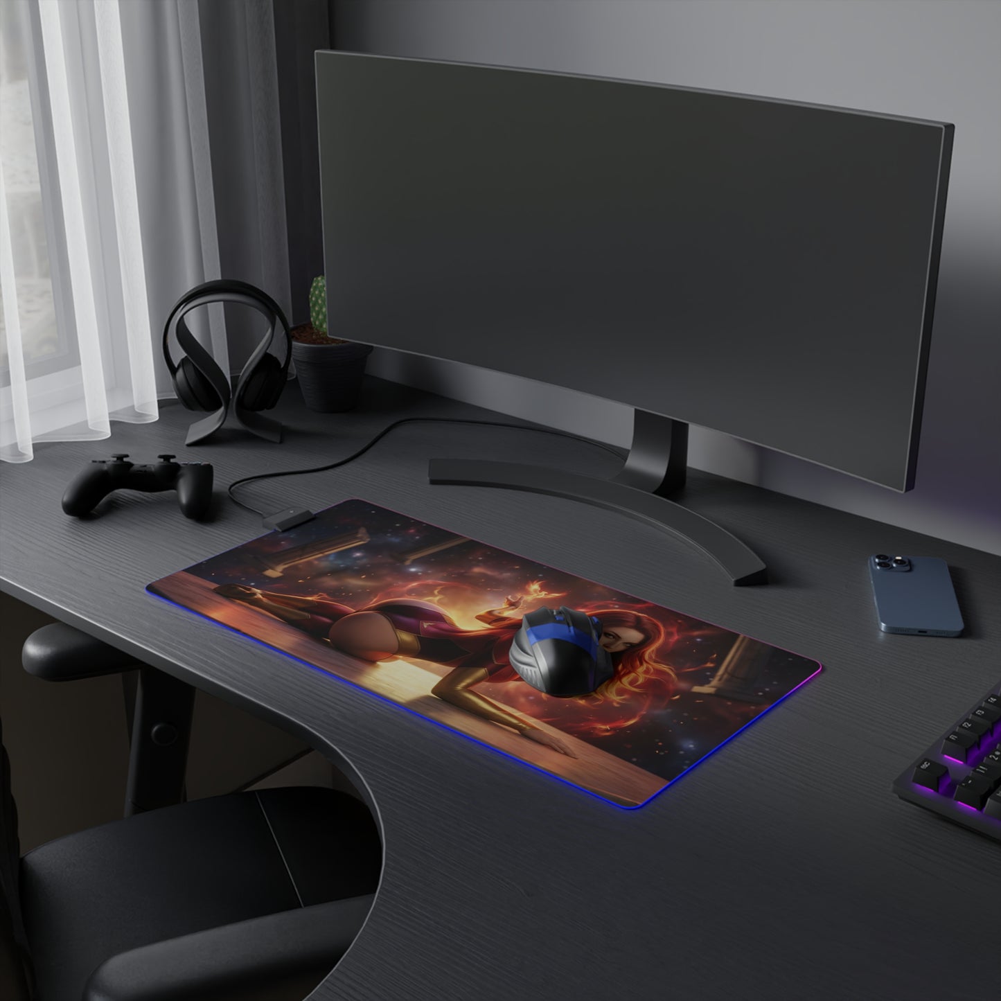 X-Men Mouse Pad – Jean Grey Illuminated RGB Desk Mat, Gaming Setup Decor, Gift Idea on gaming desk with LED border and mouse