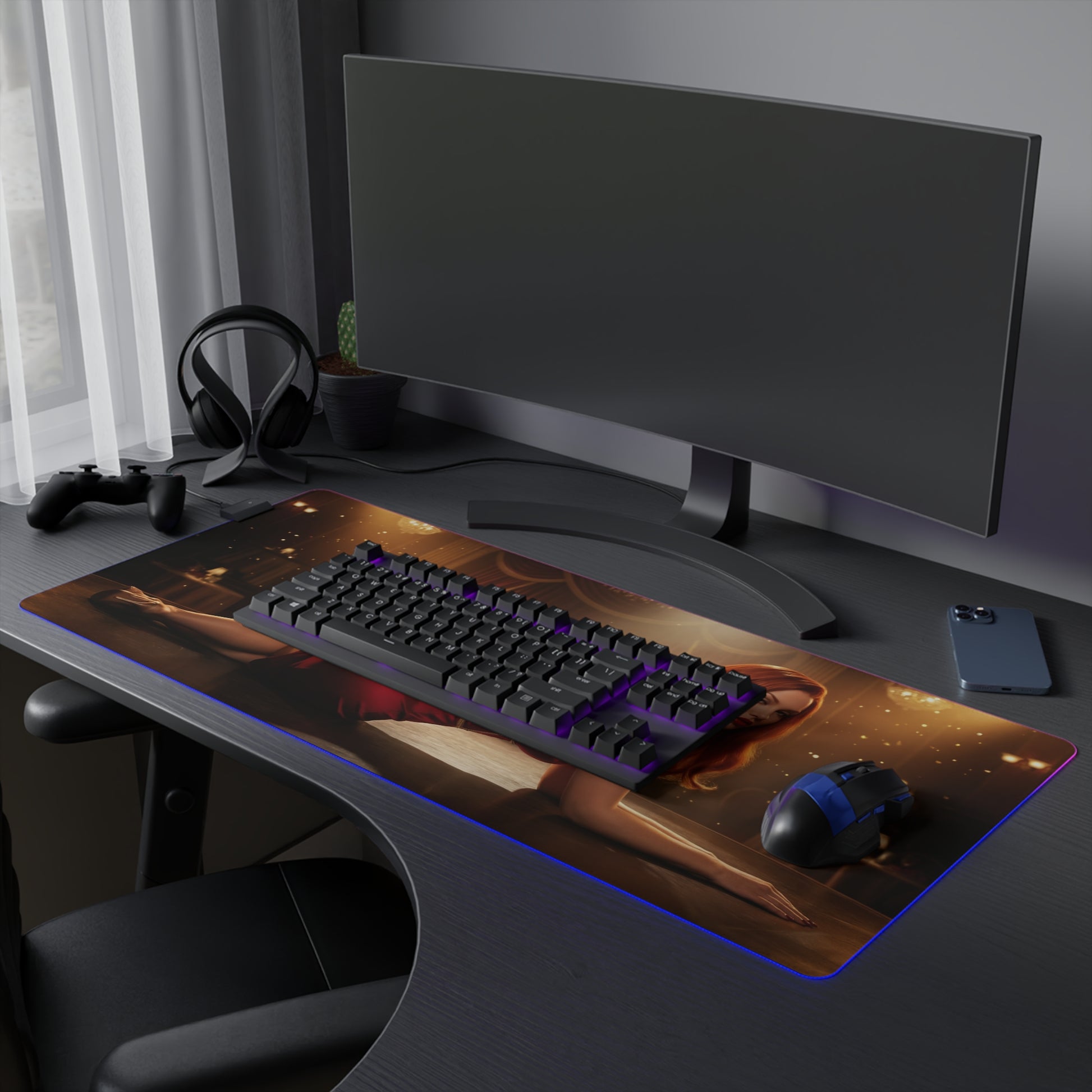 Who Framed Roger Rabbit Mouse Pad – Jessica Rabbit LED Desk Mat, RGB Room Decor, Gift for Gamer on gaming desk with LED edges and keyboard