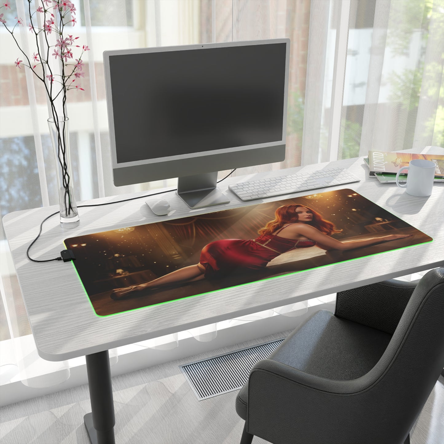 Who Framed Roger Rabbit Mouse Pad – Jessica Rabbit LED Desk Mat, RGB Room Decor, Gift for Gamer on desk with glowing LED edges and Jessica Rabbit artwork