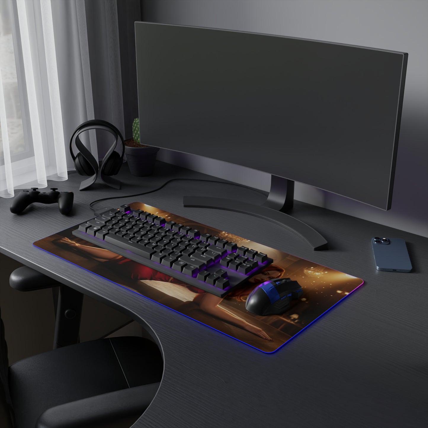 Who Framed Roger Rabbit Mouse Pad – Jessica Rabbit LED Desk Mat, RGB Room Decor, Gift for Gamer on gaming desk with keyboard, mouse and RGB edge lighting